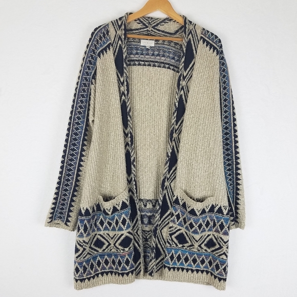 Lucky Brand Aztec Tribal Chunky Knit Open Front Long Cardigan Sweater L/XL - Picture 1 of 11